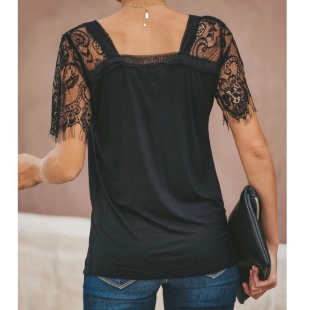 Black Lace Short Sleeve V-neck Tee - Picture 2 of 8